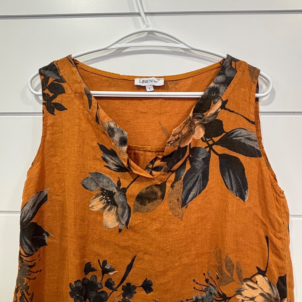 Linen W. Burnt Orange Floral Sleeveless Linen Top